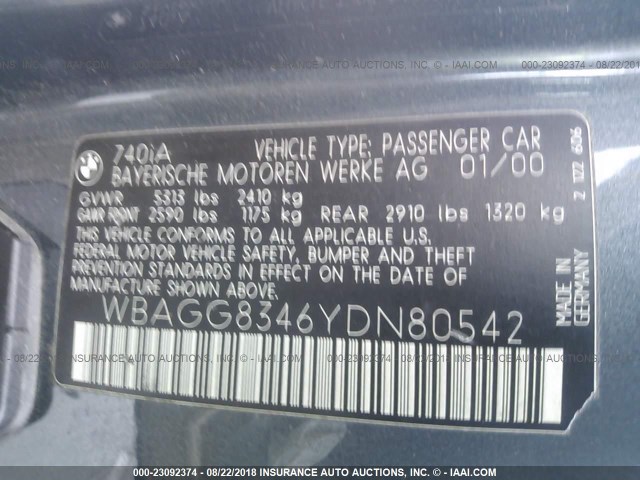 WBAGG8346YDN80542 - 2000 BMW 740 I AUTOMATIC BLUE photo 9