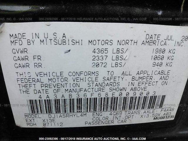 4A3AB36F68E009003 - 2008 MITSUBISHI GALANT ES BLACK photo 9