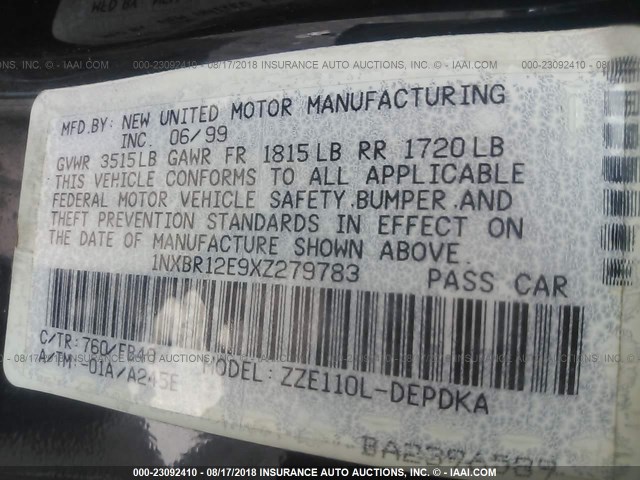 1NXBR12E9XZ279783 - 1999 TOYOTA COROLLA VE/CE/LE 蓝色 照片 9