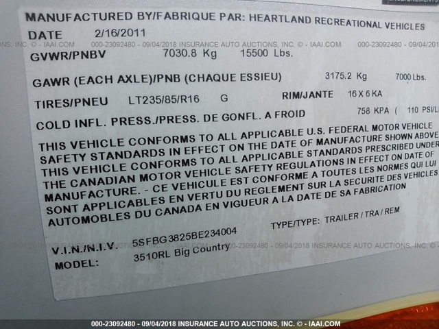 5SFBG3825BE234004 - 2011 HEARTLAND BIG COUNTRY  შამპანური ფოტო 9