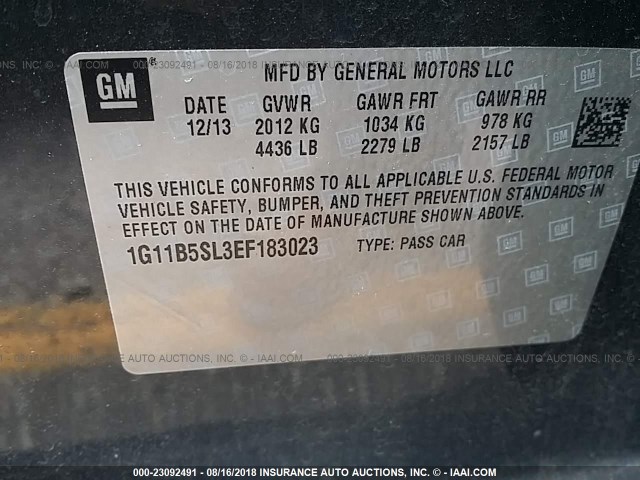 1G11B5SL3EF183023 - 2014 CHEVROLET MALIBU LS Boz foto 9