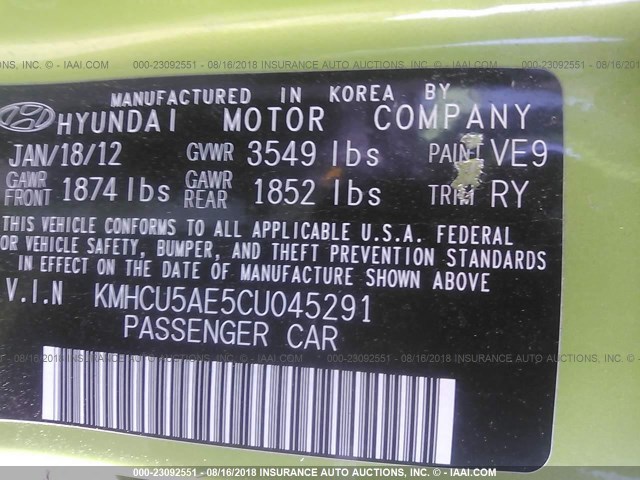 KMHCU5AE5CU045291 - 2012 HYUNDAI ACCENT GLS/GS/SE GREEN photo 9