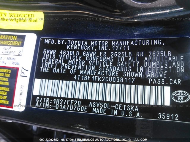 4T1BF1FK2CU038117 - 2012 TOYOTA CAMRY SE/LE/XLE GRAY photo 9