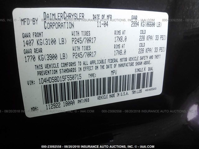 1D4HD58D15F550715 - 2005 DODGE DURANGO LIMITED 紫色 照片 9