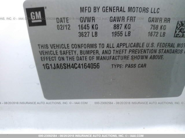 1G1JA6SH4C4164056 - 2012 CHEVROLET SONIC LS WHITE photo 9