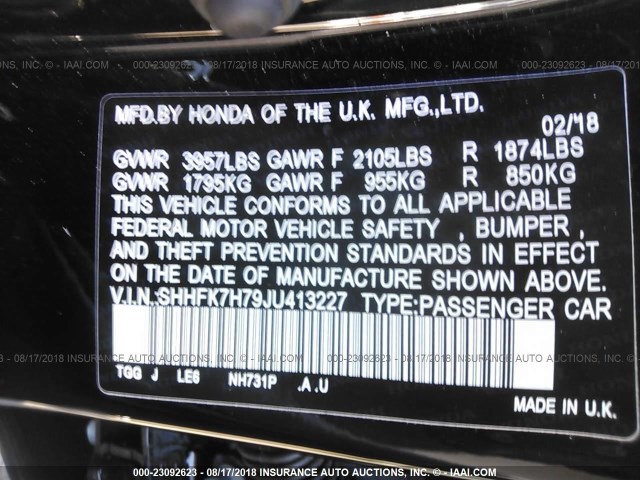 SHHFK7H79JU413227 - 2018 HONDA CIVIC EXL BLACK photo 9