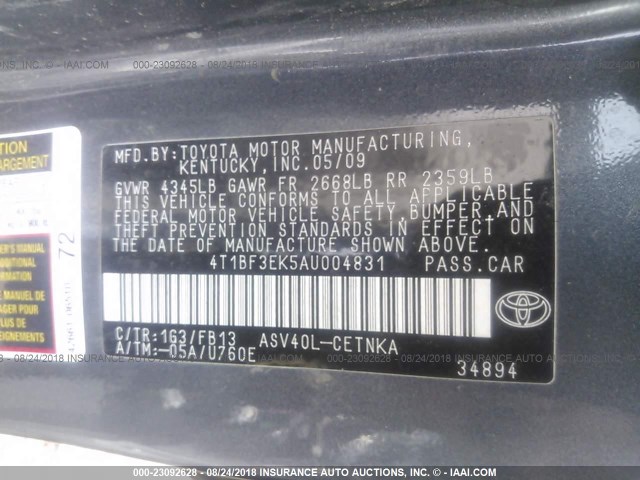 4T1BF3EK5AU004831 - 2010 TOYOTA CAMRY SE/LE/XLE ნაცრისფერი ფოტო 9