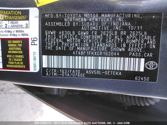 4T4BF1FKXCR162044 - 2012 TOYOTA CAMRY SE/LE/XLE GRAY photo 9