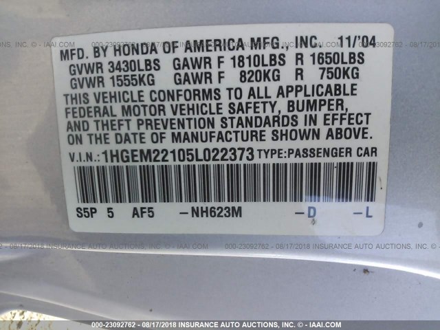 1HGEM22105L022373 - 2005 HONDA CIVIC DX VP SILVER photo 9