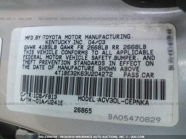 4T1BE32K63U204272 - 2003 TOYOTA CAMRY LE/XLE/SE 银色 照片 9