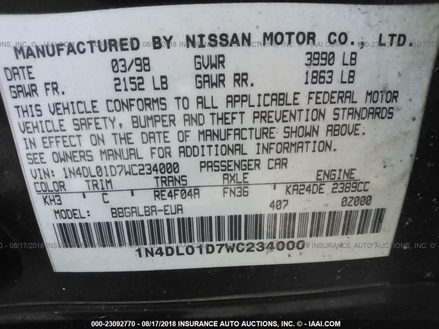 1N4DL01D7WC234000 - 1998 NISSAN ALTIMA XE/GXE/SE/GLE BLACK photo 9