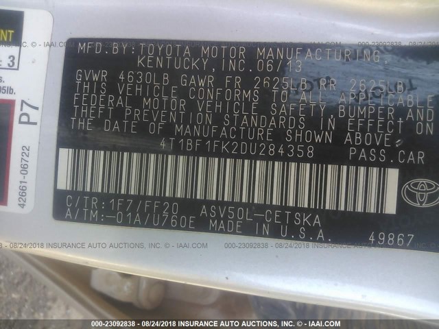 4T1BF1FK2DU284358 - 2013 TOYOTA CAMRY L/SE/LE/XLE Gümüş foto 9