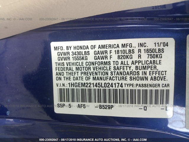 1HGEM22145L024174 - 2005 HONDA CIVIC DX VP BLUE photo 9