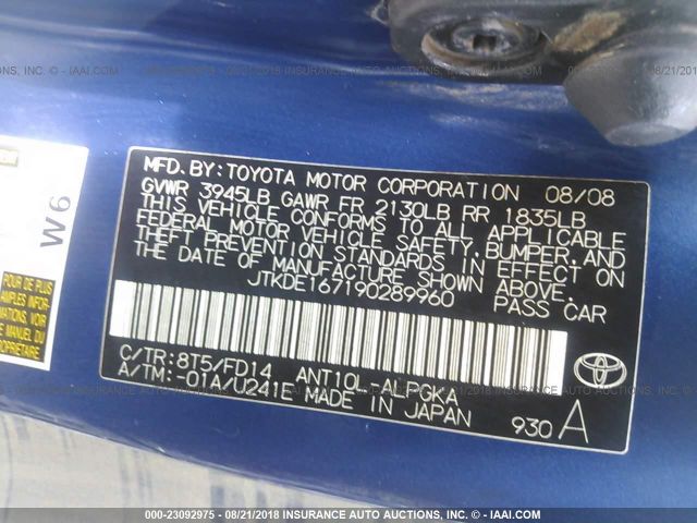 JTKDE167190289960 - 2009 TOYOTA SCION TC 蓝色 照片 9