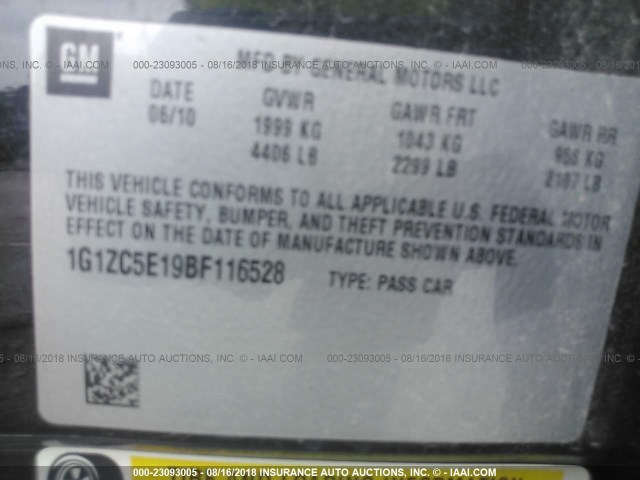 1G1ZC5E19BF116528 - 2011 CHEVROLET MALIBU 1LT BLACK photo 9