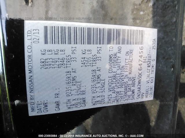 5N1AR2MN5DC647456 - 2013 NISSAN PATHFINDER S/SV/SL/PLATINUM BLACK photo 9