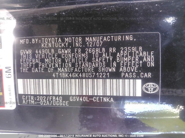 4T1BK46K48U571221 - 2008 TOYOTA CAMRY LE/XLE/SE Qara foto 9