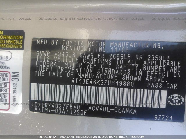 4T1BE46K37U619880 - 2007 TOYOTA CAMRY NEW GENERAT CE/LE/XLE/SE GOLD photo 9