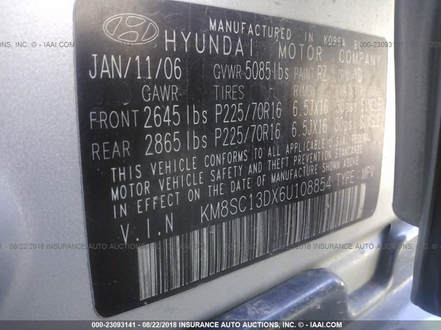 KM8SC13DX6U108854 - 2006 HYUNDAI SANTA FE GLS/LIMITED SILVER photo 9