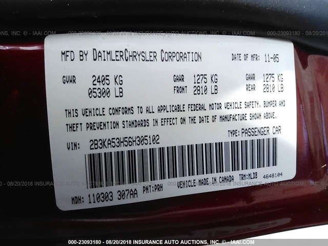 2B3KA53H56H305102 - 2006 DODGE CHARGER R/T RED photo 9