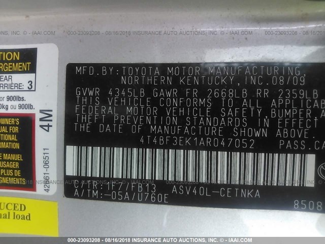 4T4BF3EK1AR047052 - 2010 TOYOTA CAMRY SE/LE/XLE ვერცხლისფერი ფოტო 9