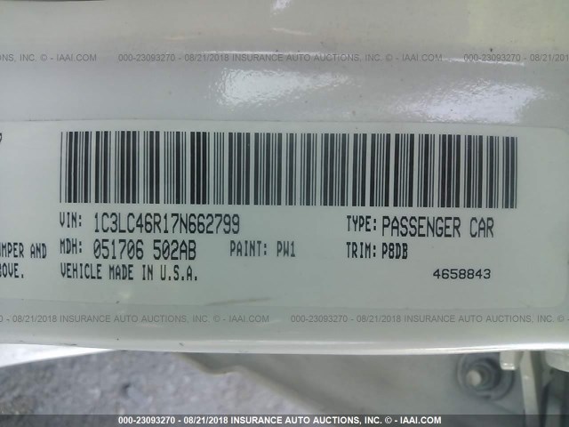 1C3LC46R17N662799 - 2007 CHRYSLER SEBRING WHITE photo 9