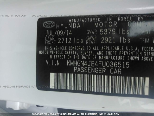 KMHGN4JE4FU036515 - 2015 HYUNDAI GENESIS 3.8L WHITE photo 9