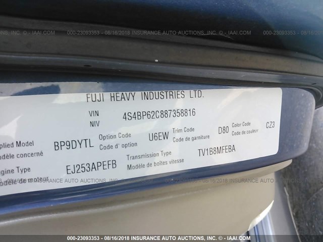 4S4BP62C887358816 - 2008 SUBARU OUTBACK 2.5I LIMITED BLUE photo 9