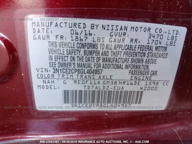 3N1CE2CP8GL404957 - 2016 NISSAN VERSA NOTE S/S PLUS/SV/SL/SR RED photo 9