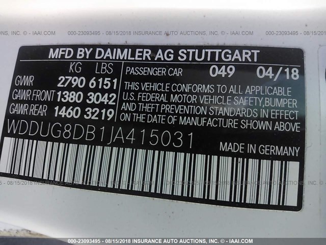 WDDUG8DB1JA415031 - 2018 MERCEDES-BENZ S 560 WHITE photo 9