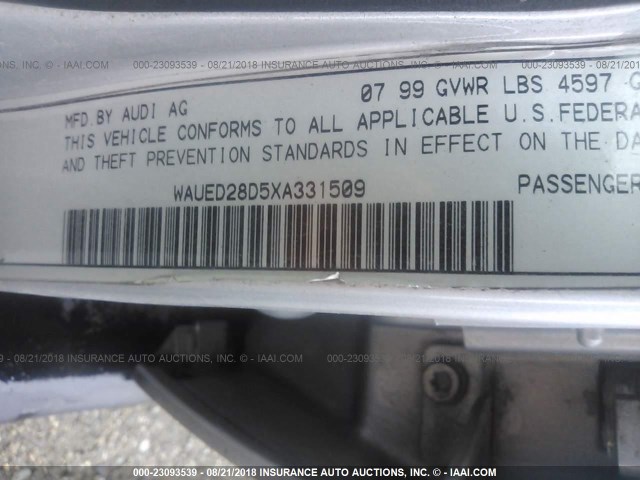 WAUED28D5XA331509 - 1999 AUDI A4 2.8 QUATTRO SILVER photo 9