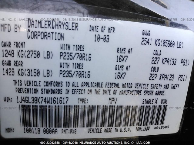 1J4GL38K74W161617 - 2004 JEEP LIBERTY RENEGADE BLACK photo 9