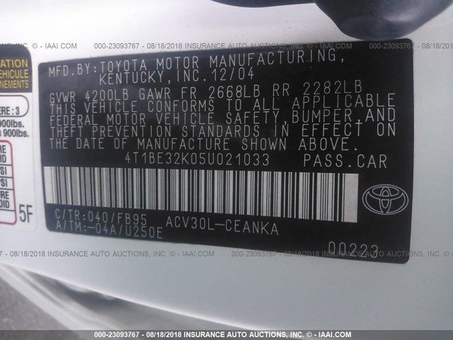 4T1BE32K05U021033 - 2005 TOYOTA CAMRY LE/XLE/SE Ağ foto 9