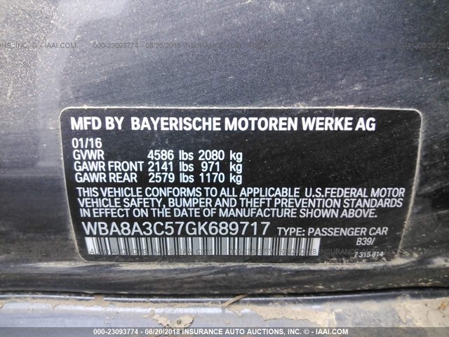 WBA8A3C57GK689717 - 2016 BMW 320 XI GRAY photo 9