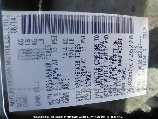 5N1AR2MN2EC726228 - 2014 NISSAN PATHFINDER S/SV/SL/PLATINUM BLACK photo 9