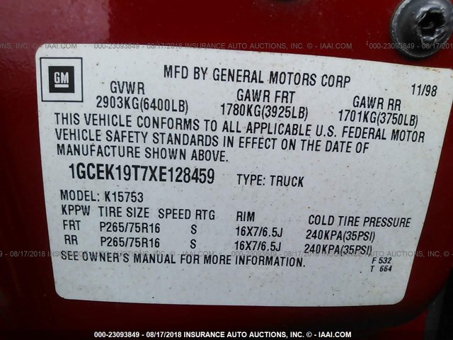 1GCEK19T7XE128459 - 1999 CHEVROLET SILVERADO K1500 RED photo 9