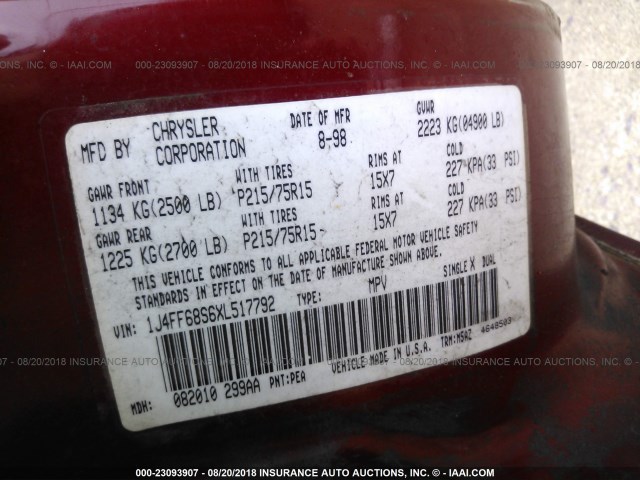 1J4FF68S6XL517792 - 1999 JEEP CHEROKEE SPORT/CLASSIC Czerwony zdjęcie 9