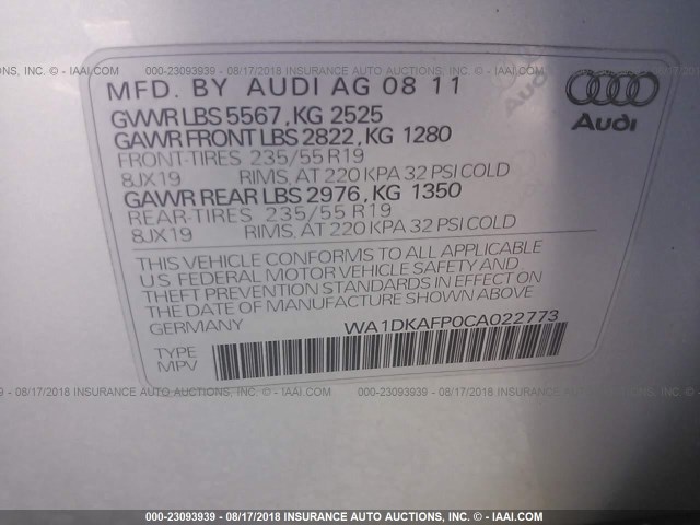 WA1DKAFP0CA022773 - 2012 AUDI Q5 PREMIUM PLUS SILVER photo 9