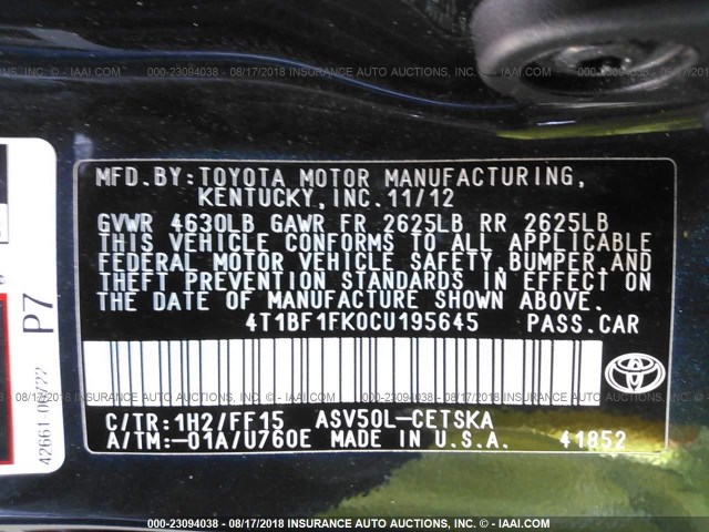 4T1BF1FK0CU195645 - 2012 TOYOTA CAMRY SE/LE/XLE BLUE photo 9