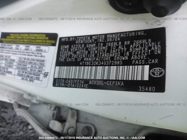 4T1BE32K34U372985 - 2004 TOYOTA CAMRY LE/XLE/SE Ağ foto 9