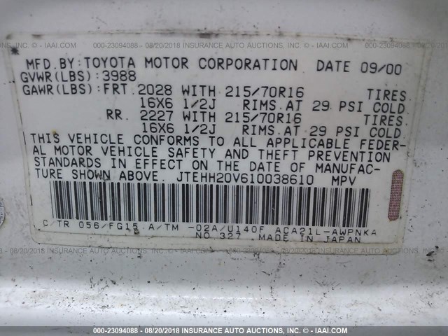 JTEHH20V610038610 - 2001 TOYOTA RAV4 WHITE photo 9