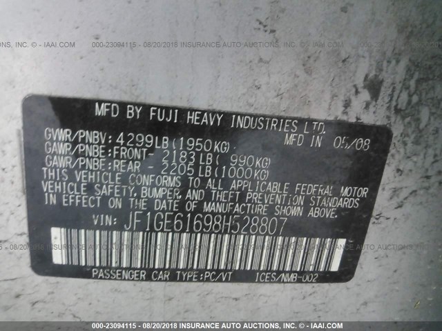 JF1GE61698H528807 - 2008 SUBARU IMPREZA 2.5I SILVER photo 9