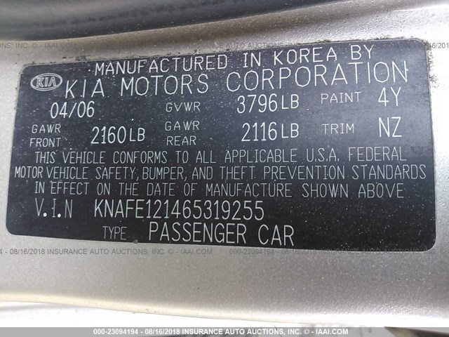 KNAFE121465319255 - 2006 KIA NEW SPECTRA LX/EX GOLD photo 9