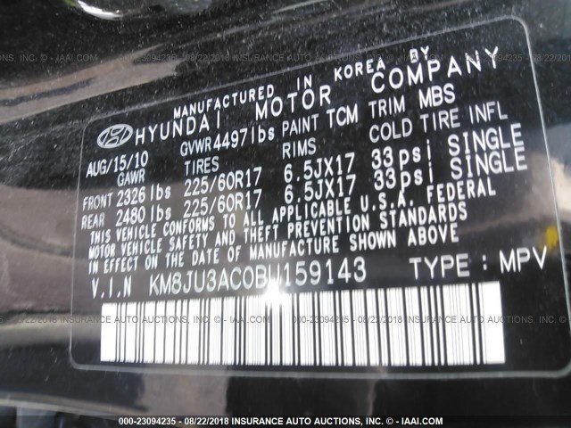 KM8JU3AC0BU159143 - 2011 HYUNDAI TUCSON GLS/LIMITED 黑色 照片 9