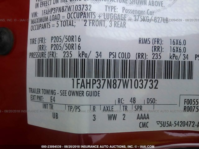 1FAHP37N87W103732 - 2007 FORD FOCUS ZX5/S/SE/SES RED photo 9