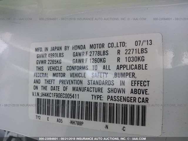 JH4KC1F90EC005411 - 2014 ACURA RLX ADVANCE WHITE photo 9