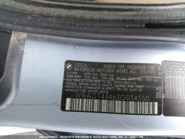 WBADT43463G034550 - 2003 BMW 525 I AUTOMATIC BLUE photo 9