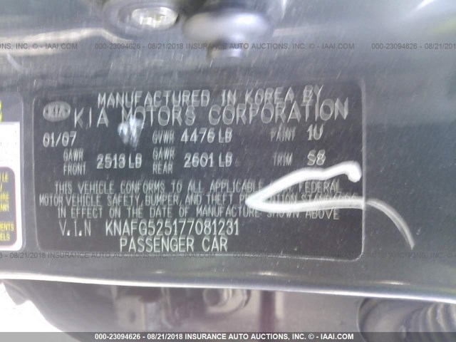 KNAFG525177081231 - 2007 KIA RONDO LX/EX GRAY photo 9