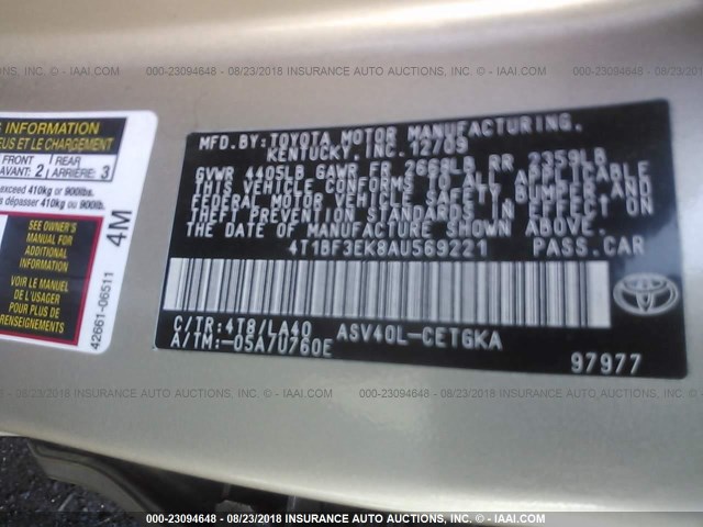 4T1BF3EK8AU569221 - 2010 TOYOTA CAMRY SE/LE/XLE BEIGE photo 9