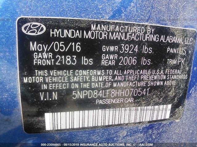 5NPD84LF8HH070541 - 2017 HYUNDAI ELANTRA SE/VALUE/LIMITED BLUE photo 9